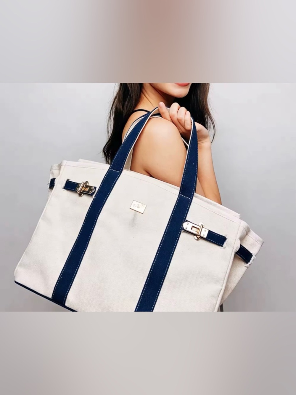 NEW! BOATKIN Cream/Navy Canvas Tote Bag with Gold Hardware with lock and key
